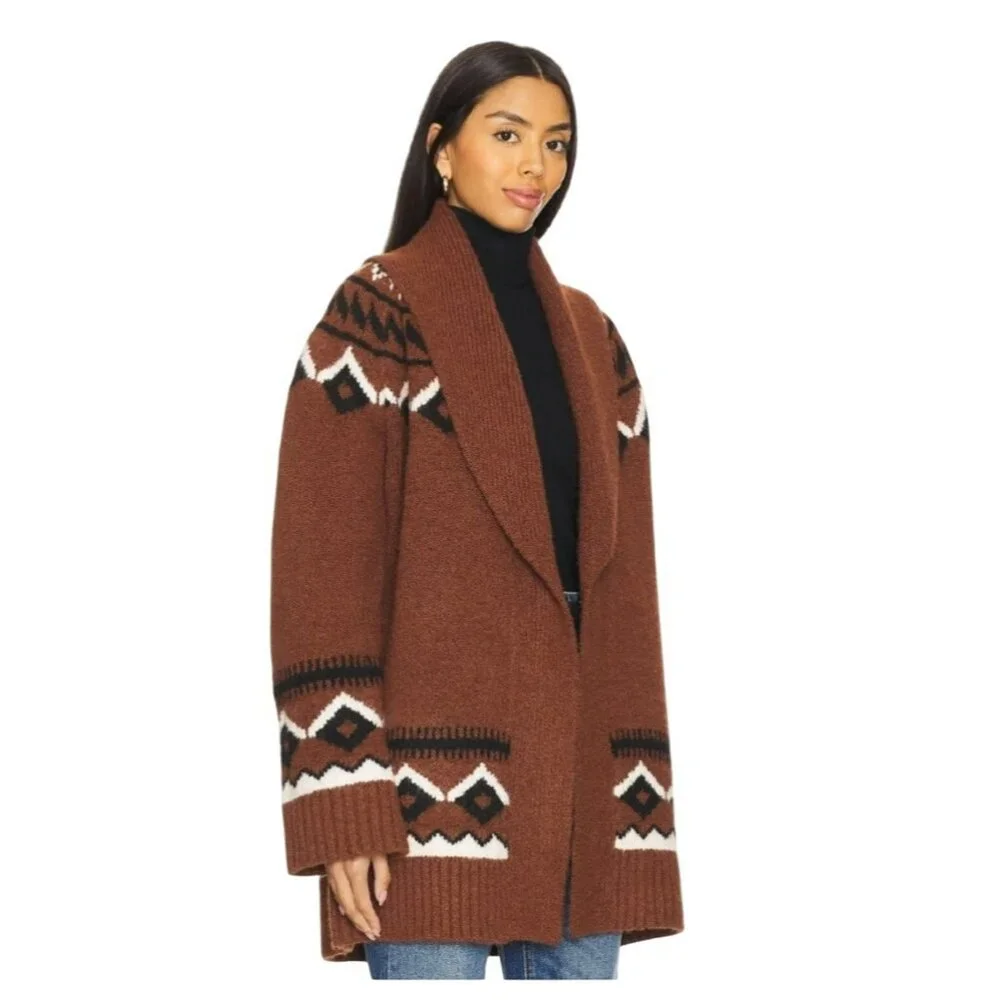 New House Of Harlow Denisia Fairisle Shawl Cardigan Medium Rust Aztec - Picture 2 of 10